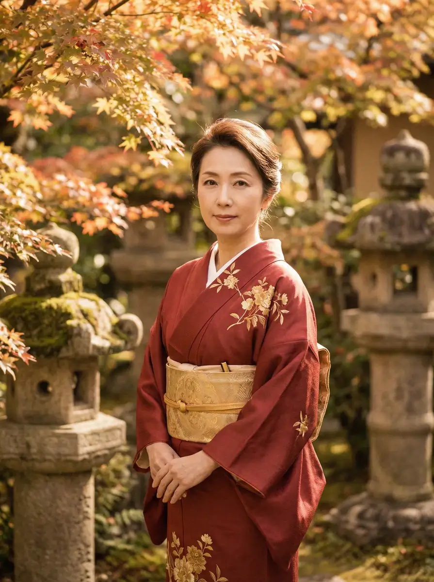 一位身穿暗红色和服的优雅 杏彩体育官网网址 在日式庭院中